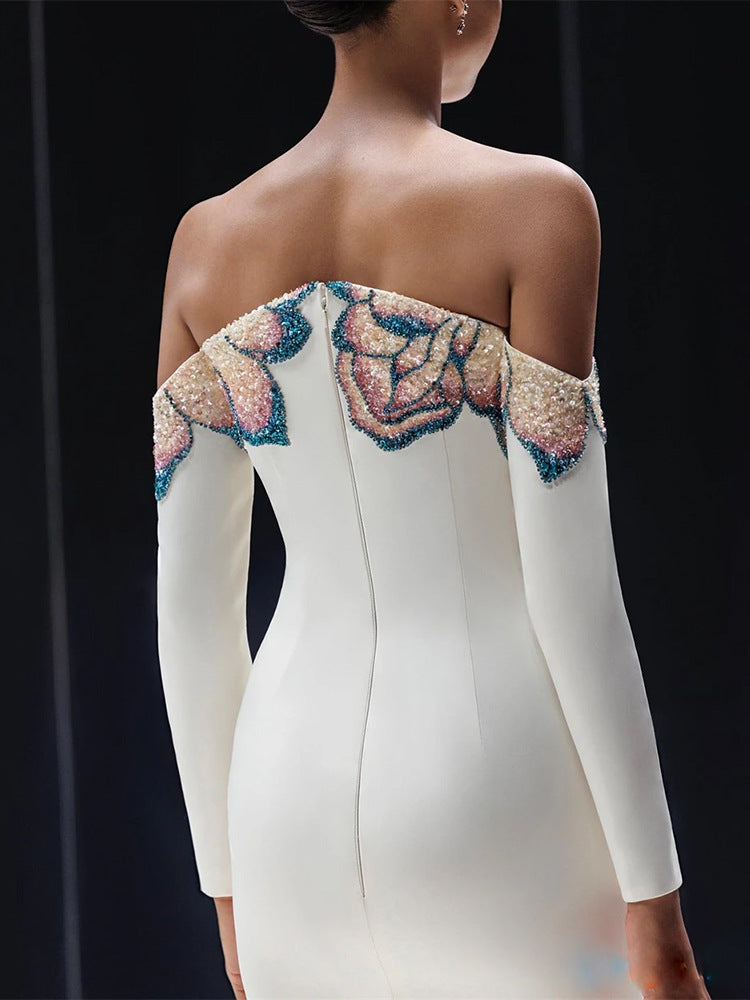 Off-Shoulder Column Dress with Embroidered Illusion Neckline – SERAPHINE