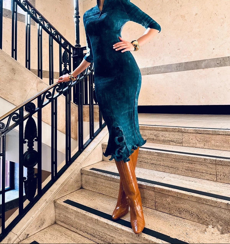 caramel knee-high leather boots with curved heel – SIENNA