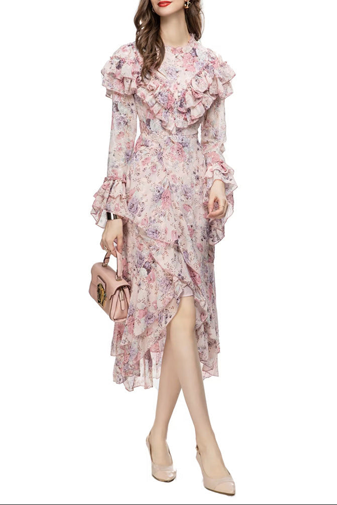 floral ruffle chiffon dress with layered hem – ROSALIE