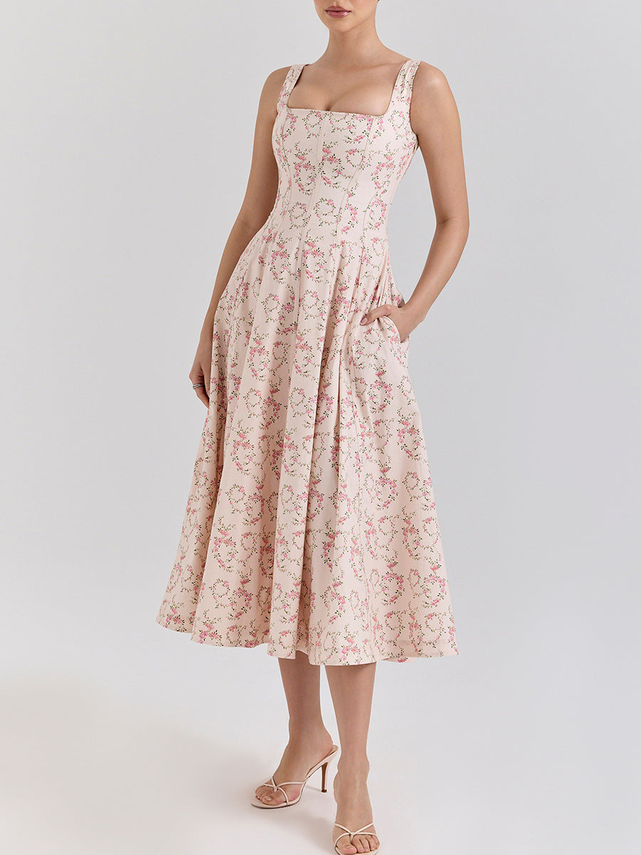 sleeveless floral print flared dress – ROSALIEK