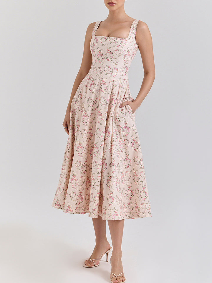 sleeveless floral print flared dress – ROSALIEK