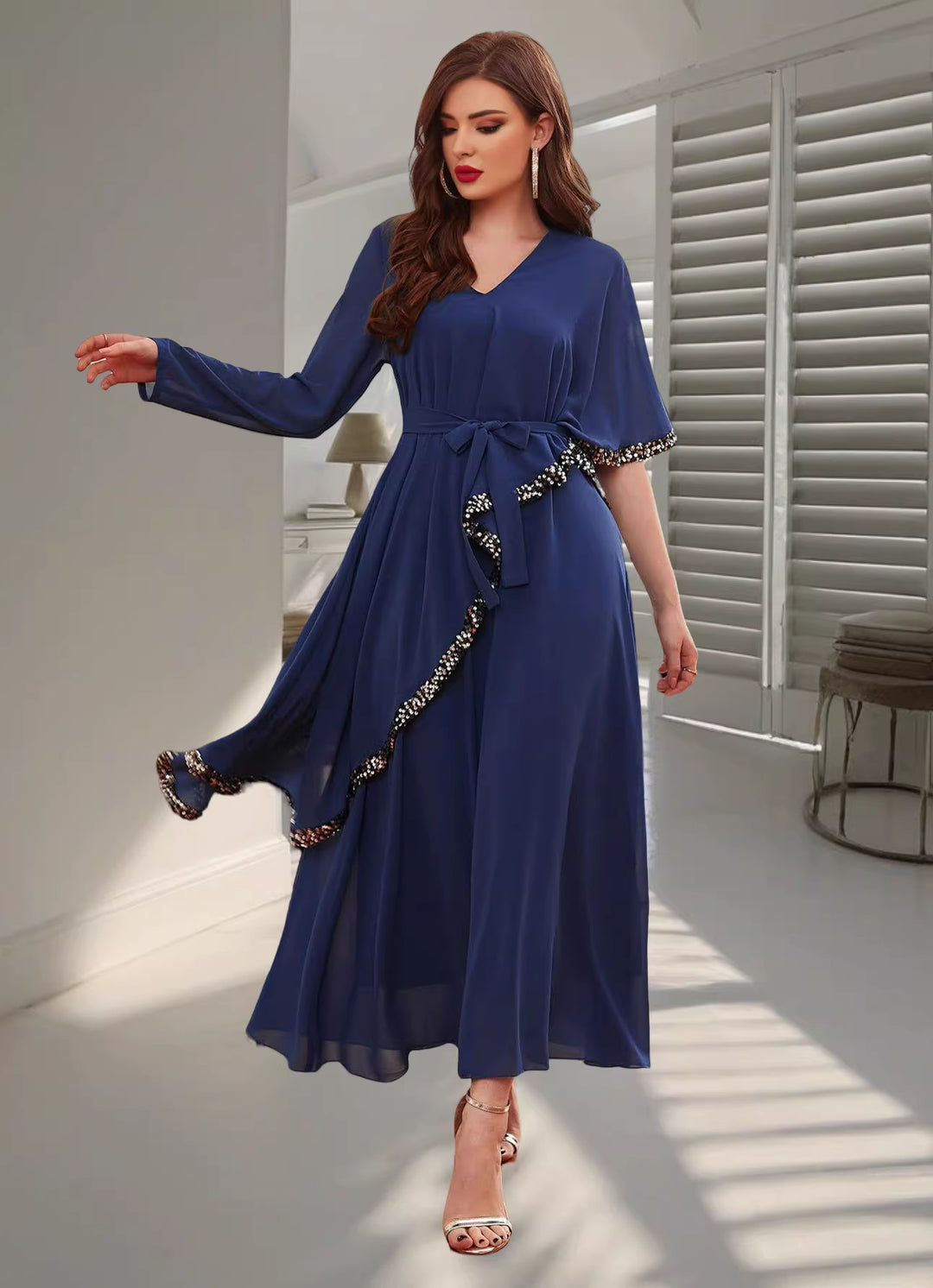 Elegant Long Sleeve Maxi Dress with Waist Tie – RAYEN