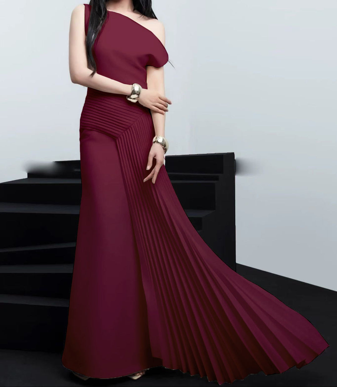 One-Shoulder Pleated Panel Maxi Dress – ELISE