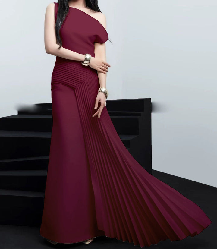 One-Shoulder Pleated Panel Maxi Dress – ELISE