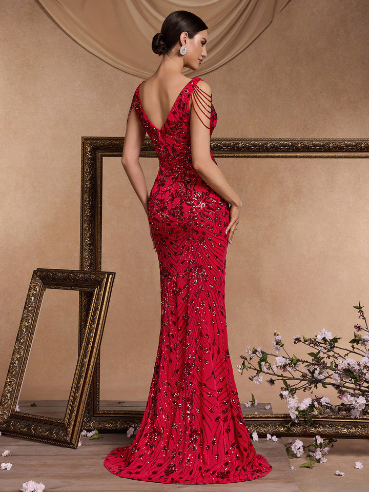 embellished V-neck mermaid gown with shoulder drape – ADELIA