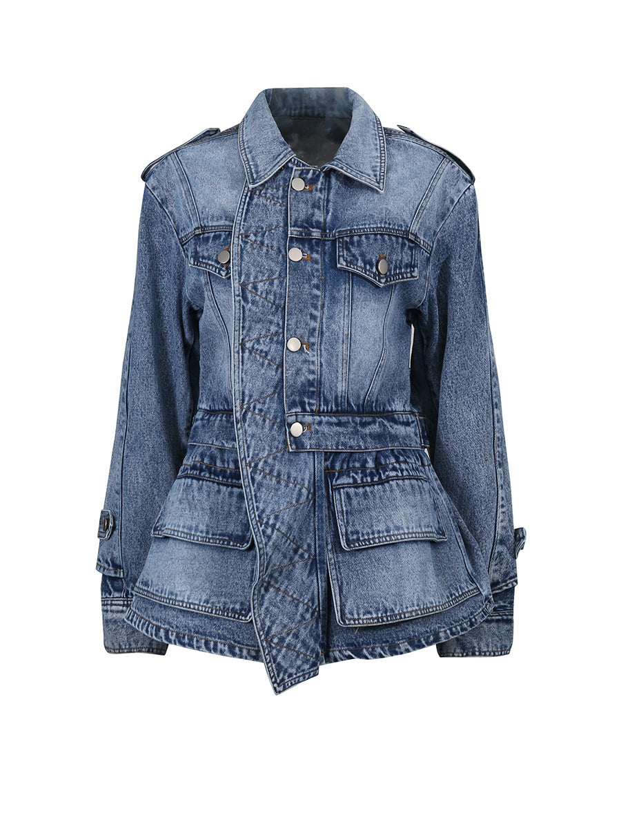 denim belted utility jacket with layered pockets – NOVA