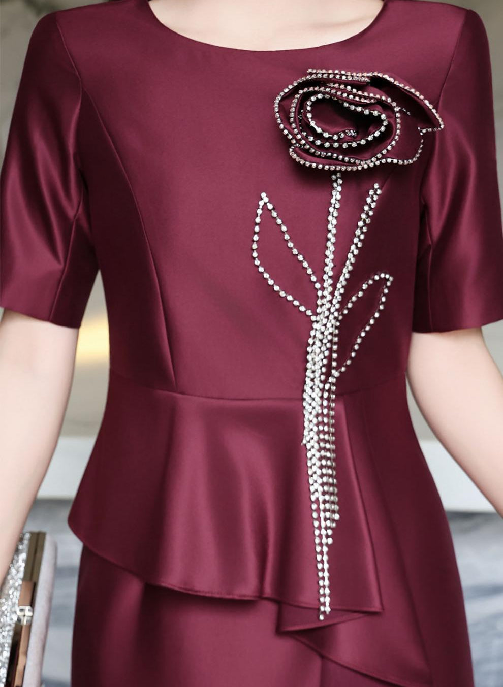 peplum midi dress with beaded floral applique – ASTRID