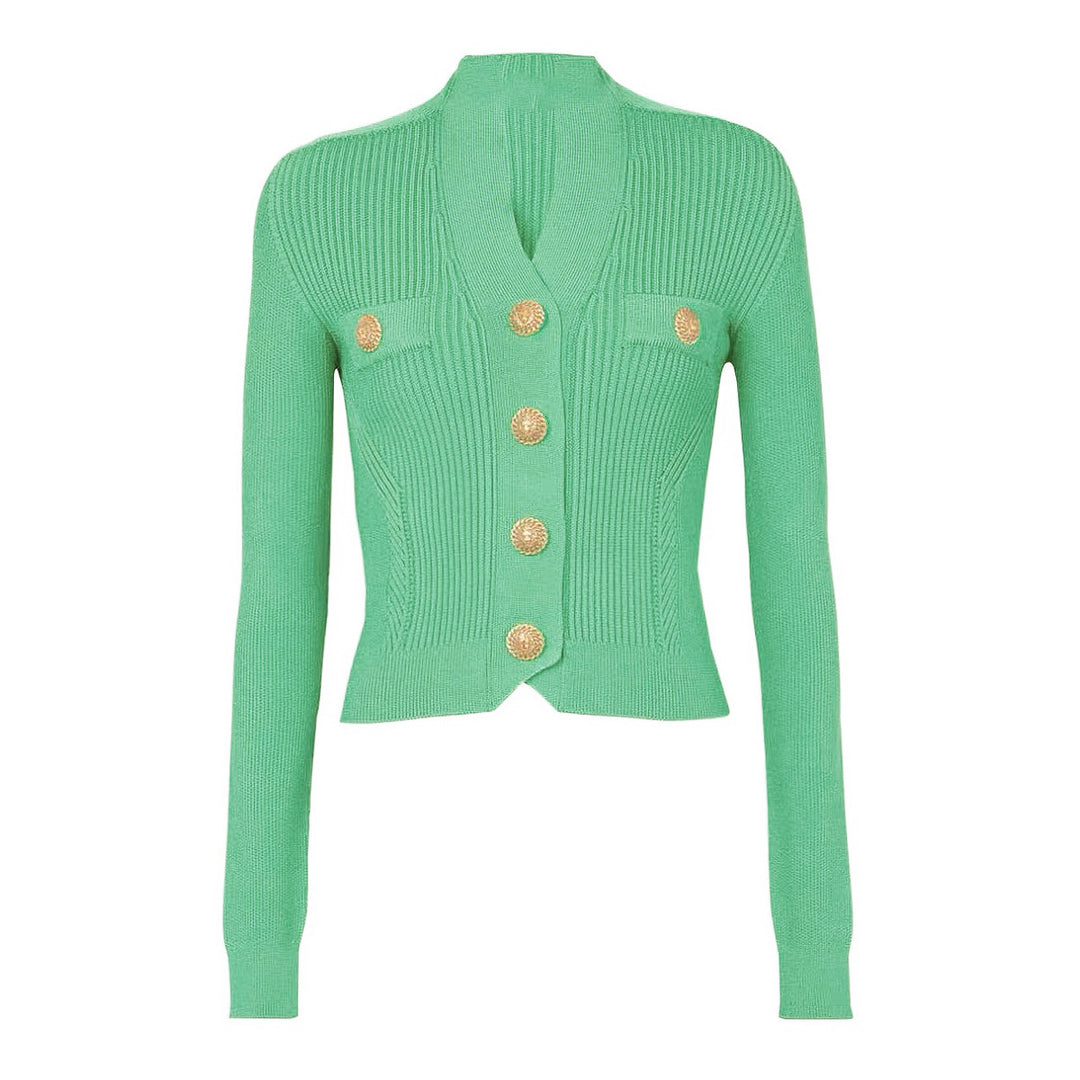 بلوزة بليزر محبوكة مضلعة مع أزرار ذهبية – سيريناب