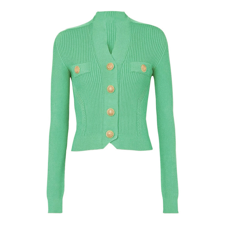 بلوزة بليزر محبوكة مضلعة مع أزرار ذهبية – سيريناب