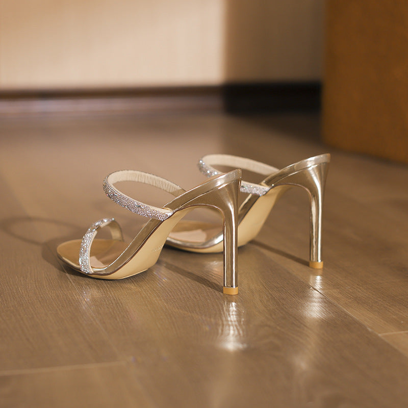 rhinestone strap metallic heeled sandals – AURACIV