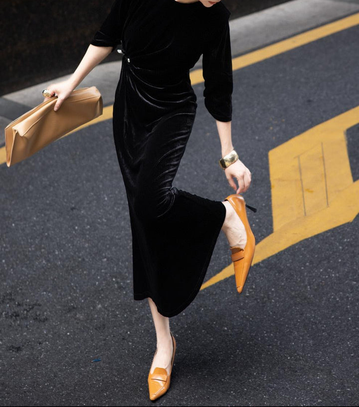 velvet draped column dress with side twist – MIDNIGHT