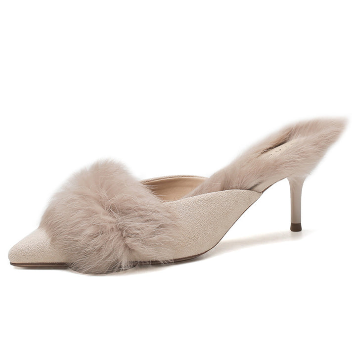 pointed mule heel with feather trim – BLUSH