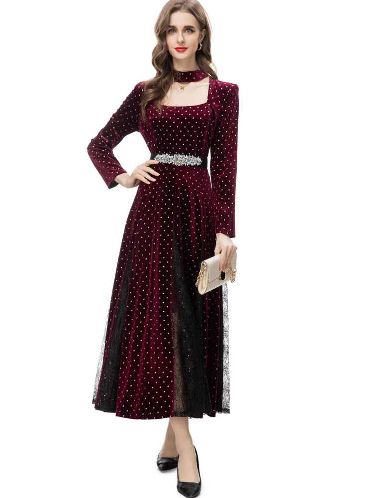 velvet polka dot gown with choker neckline and embellished belt – STELLAR