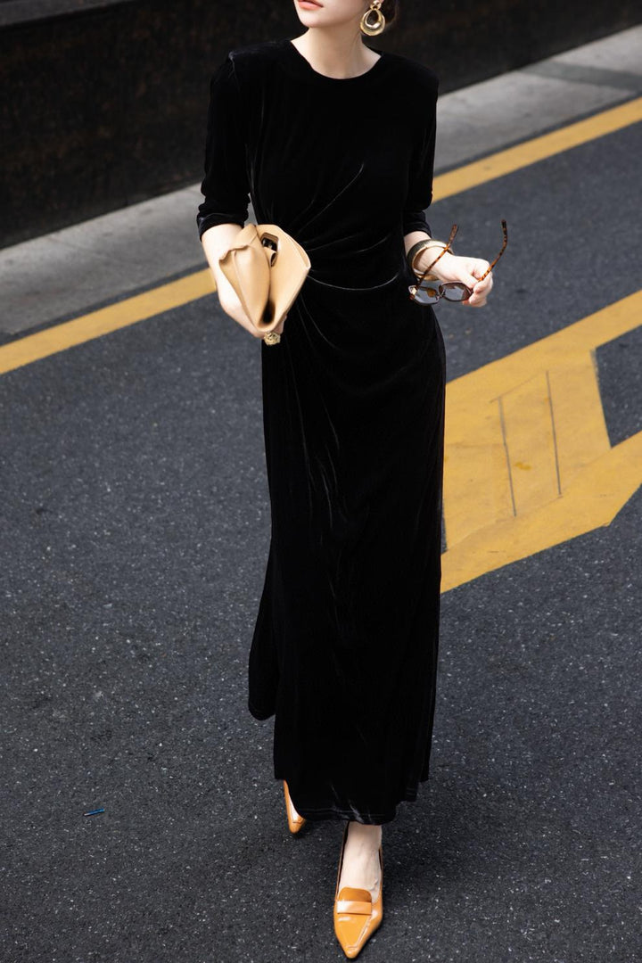 velvet draped column dress with side twist – MIDNIGHT