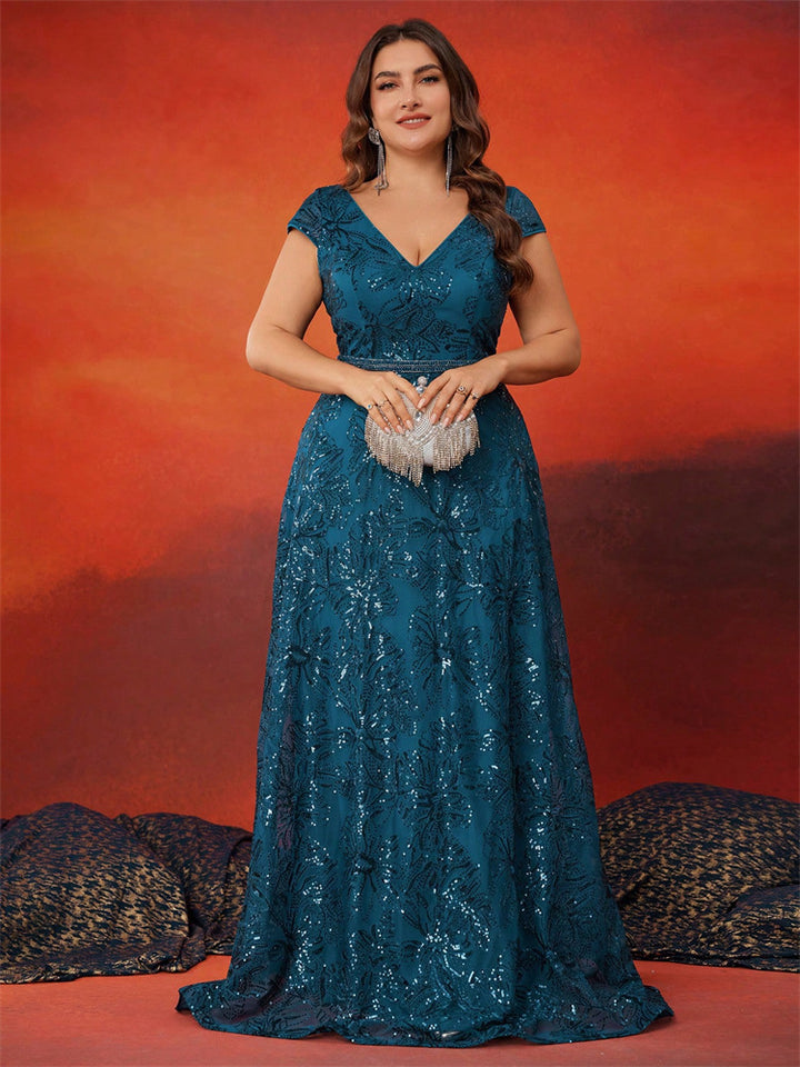 sequin lace gown with V-neck and cap sleeves – EMERALDIA