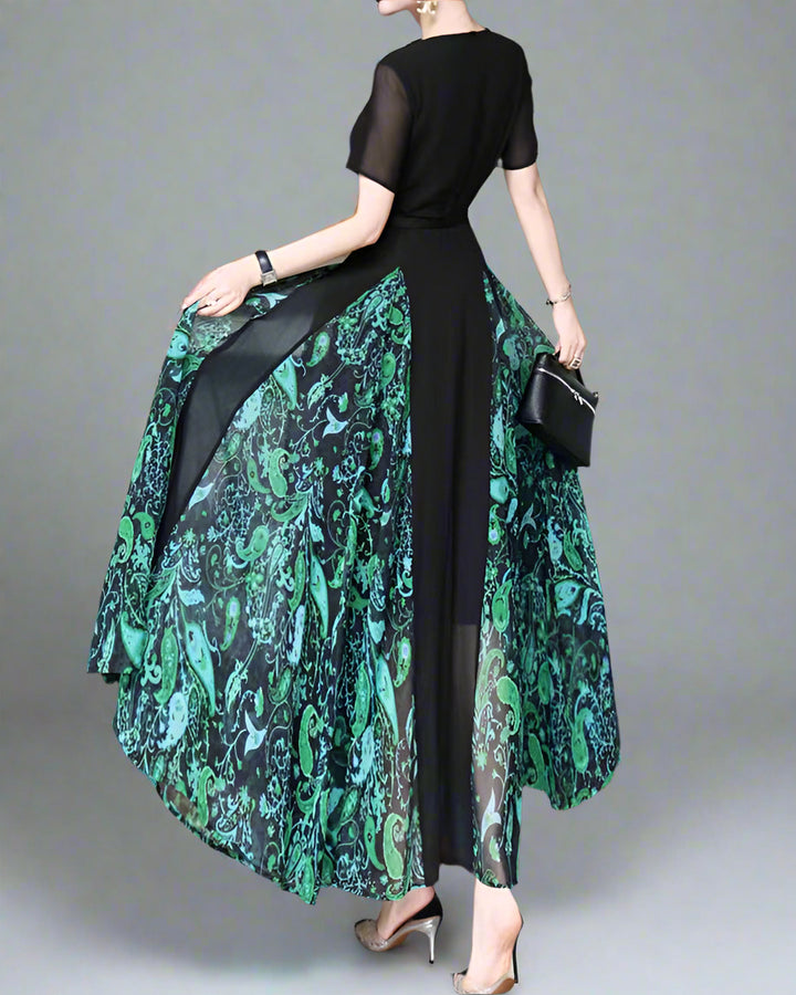 short sleeve belted maxi dress with printed panels - EVORA