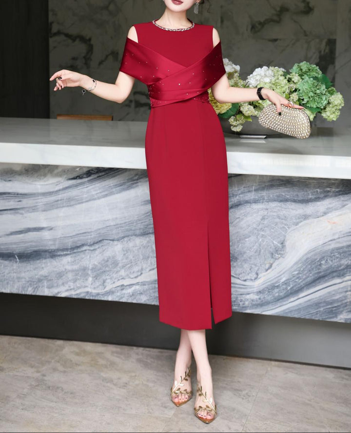 cold-shoulder column dress with satin drape – RUBINA