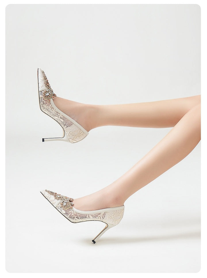 lace stiletto heels with embellished pointed toe – AMASATI