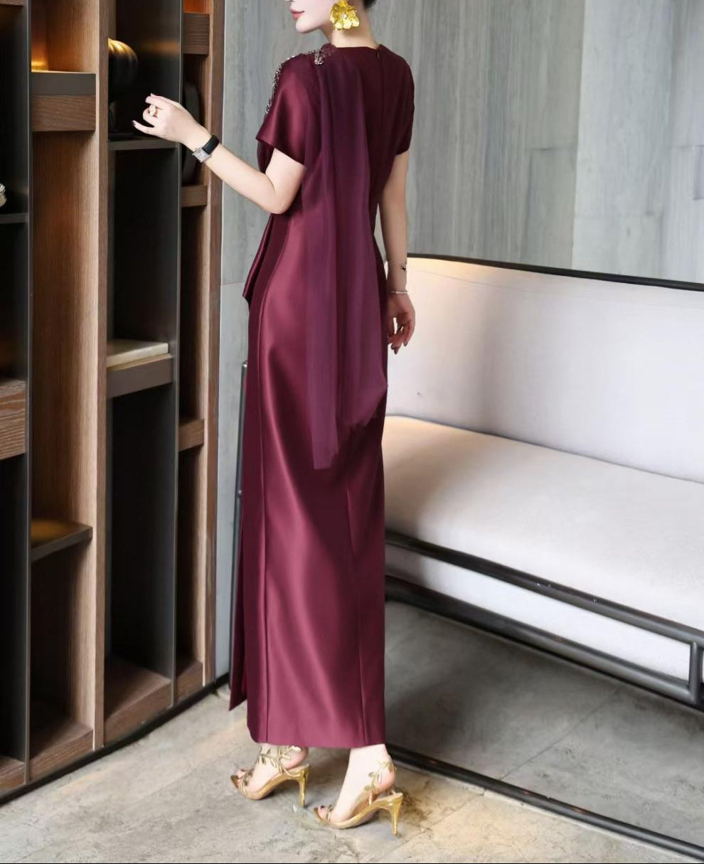 v-neck satin gown with embellished floral drape – NAVIA