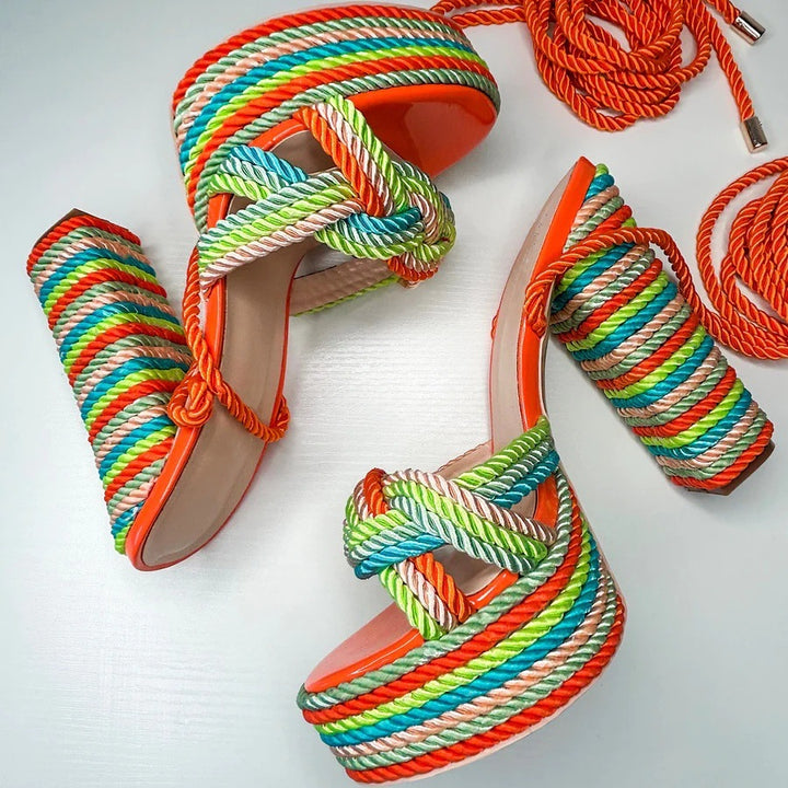 multicolor rope platform heels with ankle tie – RIVIERA