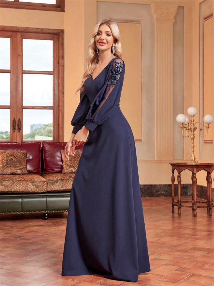 chiffon-sleeve evening gown with beaded waist – MIDNIGHT POISE