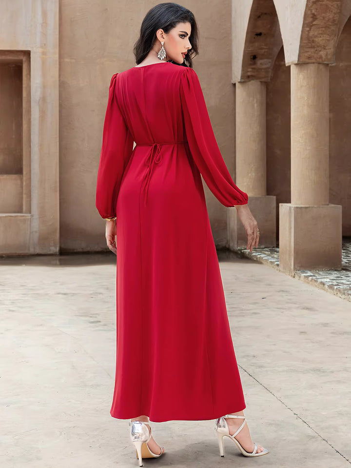 fluid draped evening dress with elongated silhouette – VELORA