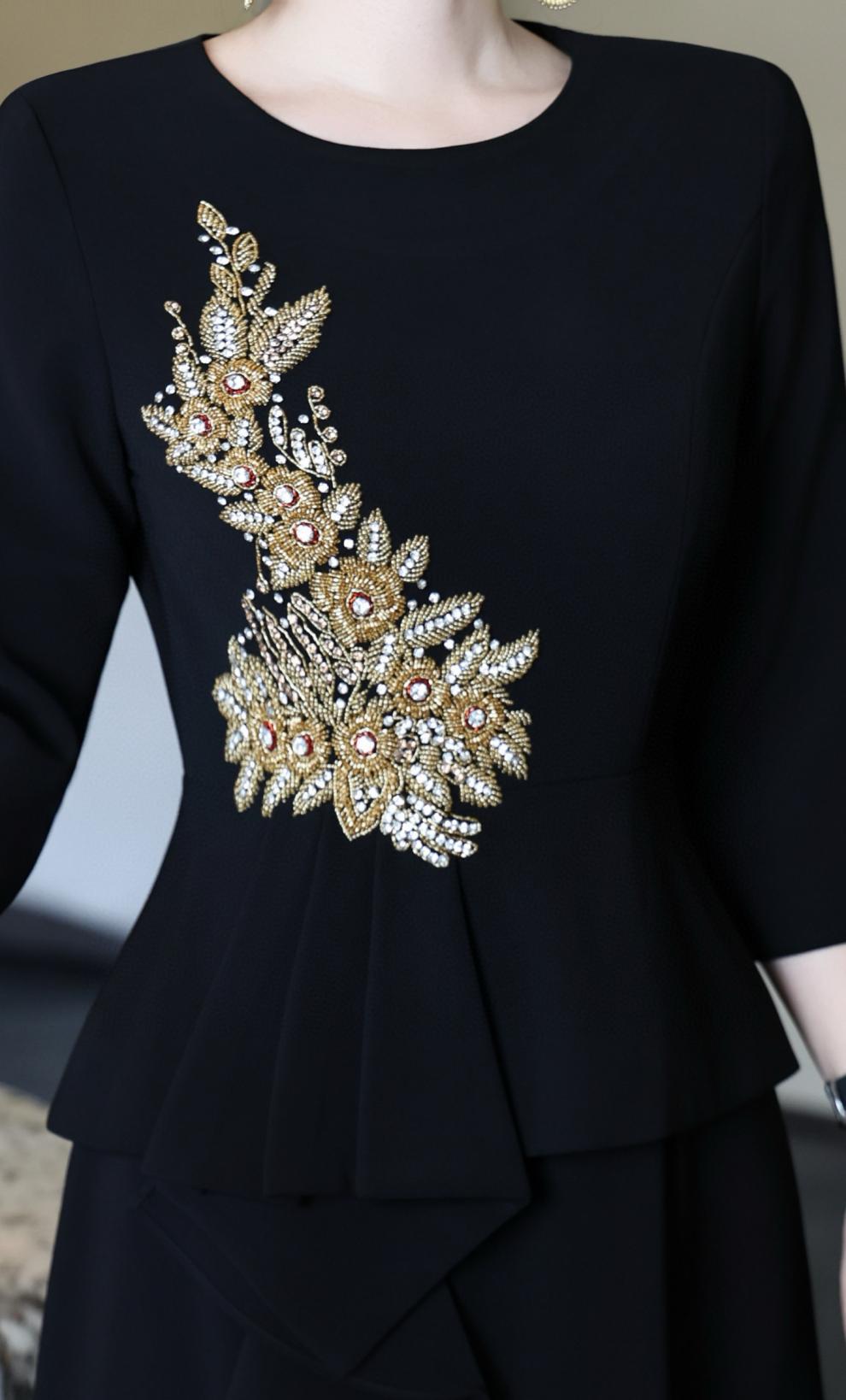 embellished peplum dress with cascading ruffle skirt – NOIR