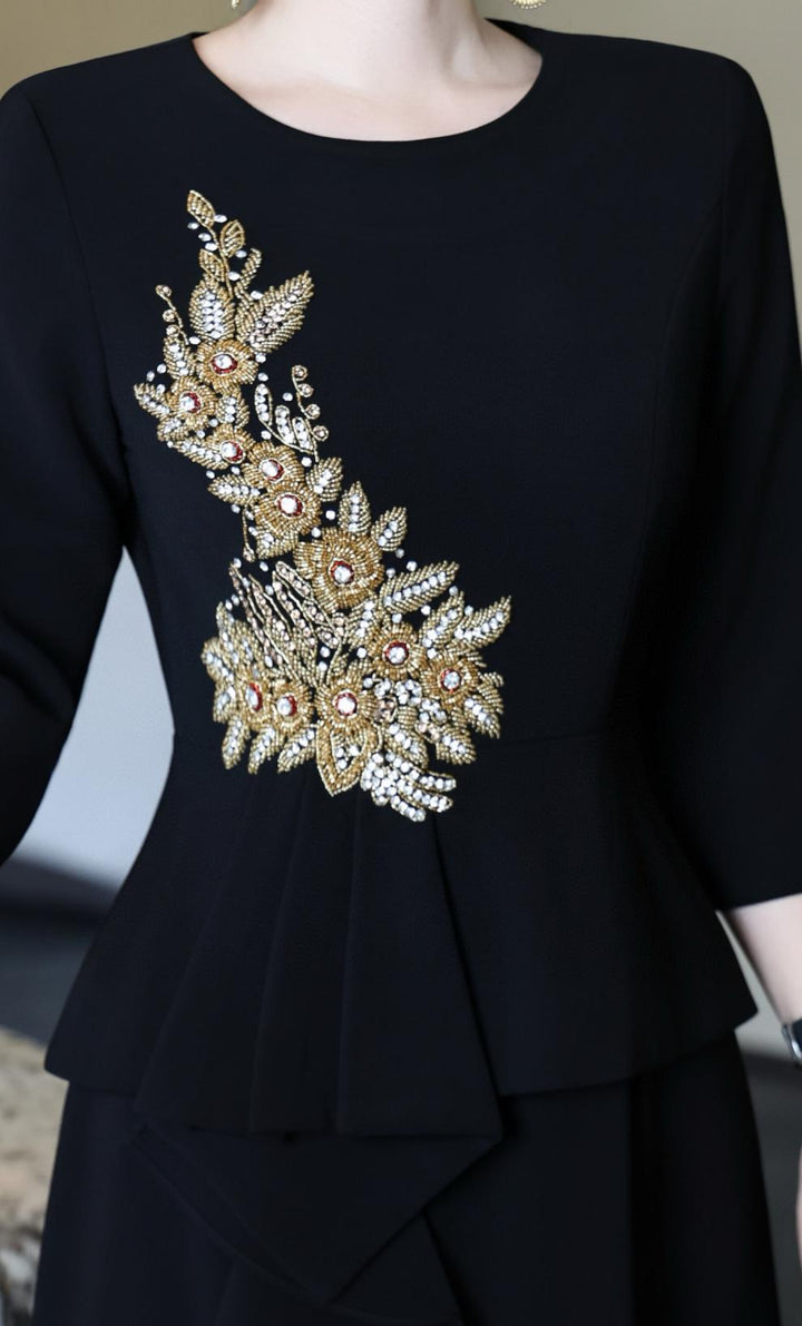 embellished peplum dress with cascading ruffle skirt – NOIR