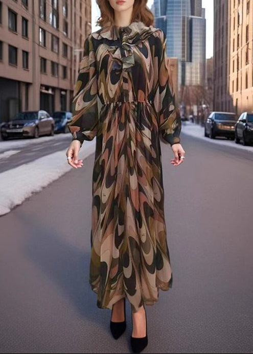 printed chiffon maxi dress with ruffled neckline – ELLORA