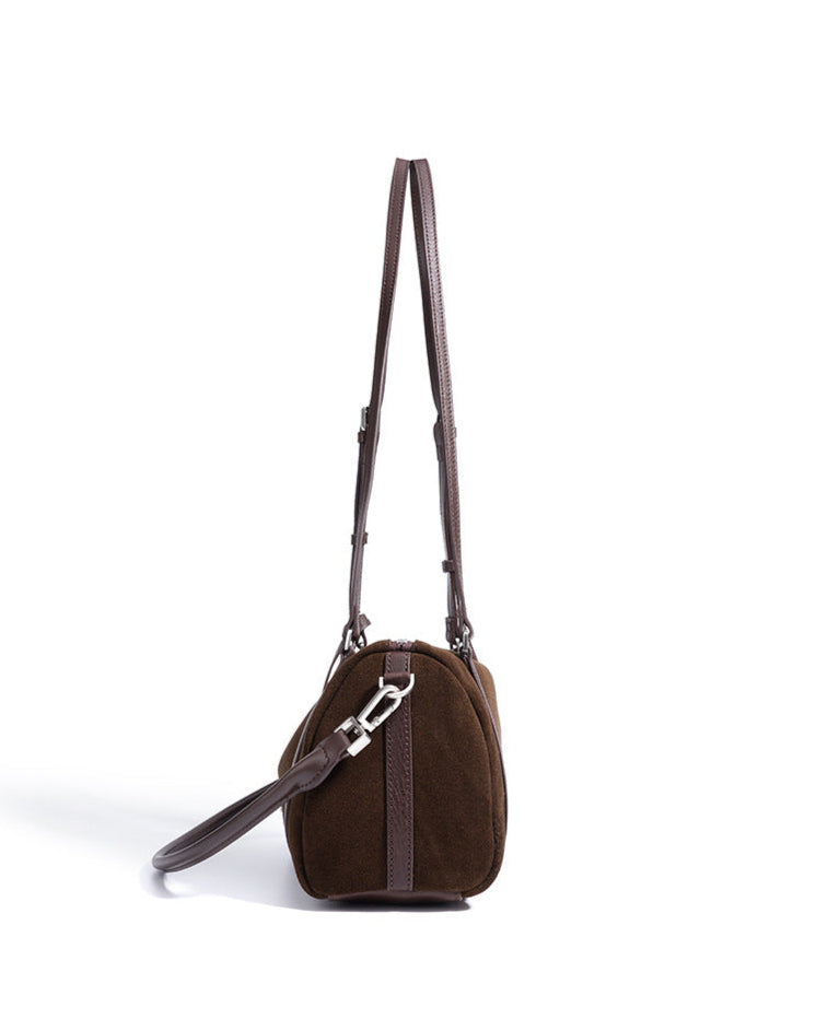 suede shoulder bag with leather trim and lock charm – ALBALI