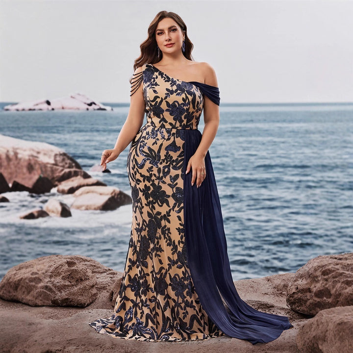 one-shoulder floral gown with draped chiffon cape – DALIRA