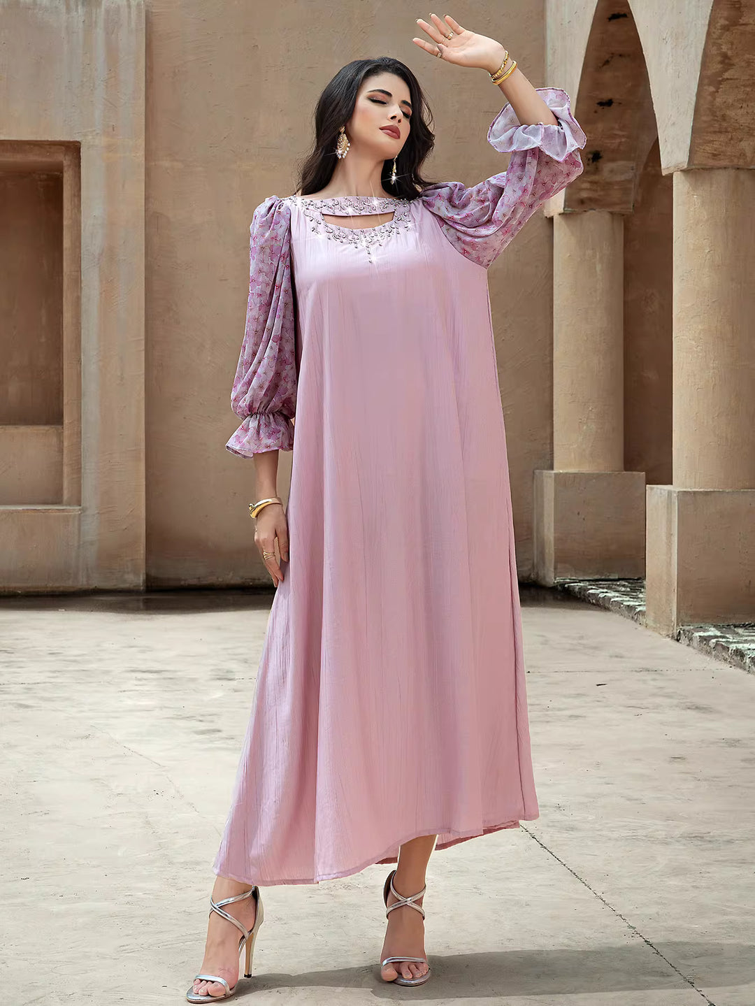 Elegant Black Maxi Dress with Sheer Puff Sleeves – ELENORA