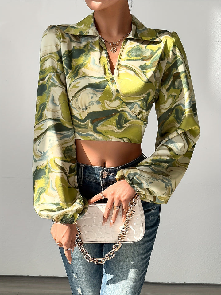 cropped wrap blouse with marbled print – OLIVEA