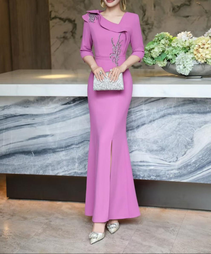 embellished draped-collar mermaid dress – ROYAL FUCHSIA