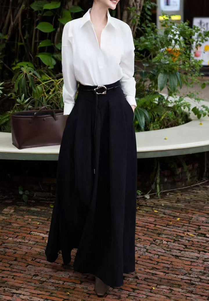 long-sleeve collared blouse with wide-leg maxi skirt – ARYA