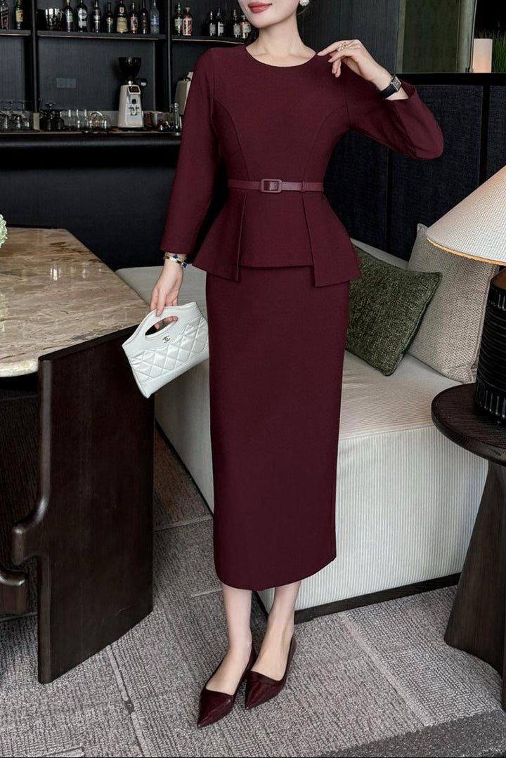 peplum midi dress with belted waist – MAROON