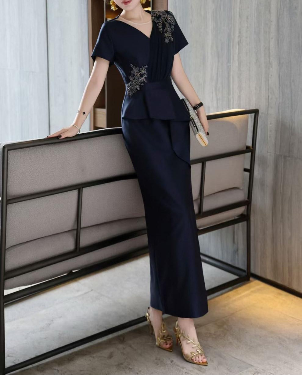 v-neck satin gown with embellished floral drape – NAVIA