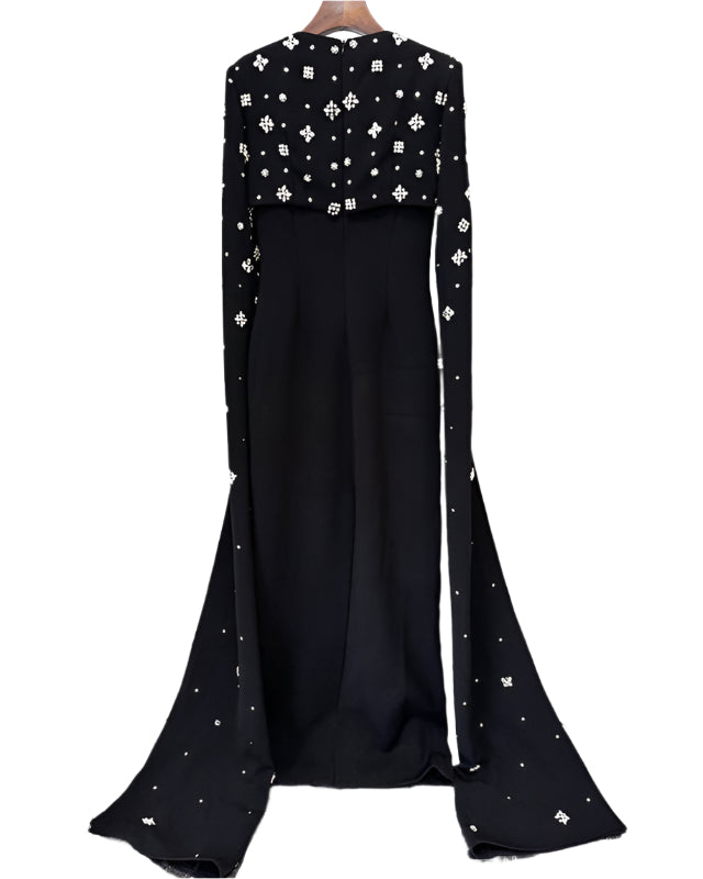 Column dress with open neckline and crystal embellished cape - Barbara