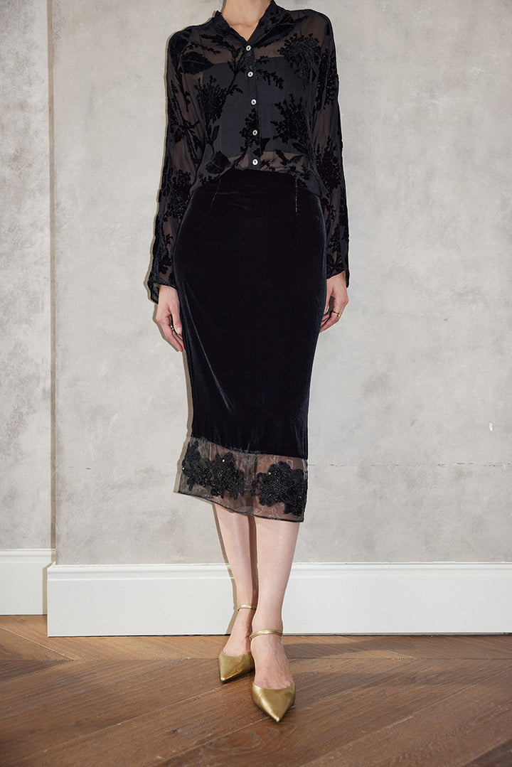 velvet midi skirt with sheer lace hem – HAYTHAM