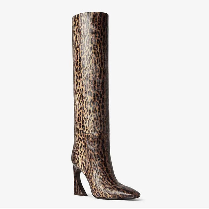 caramel knee-high leather boots with curved heel – SIENNA