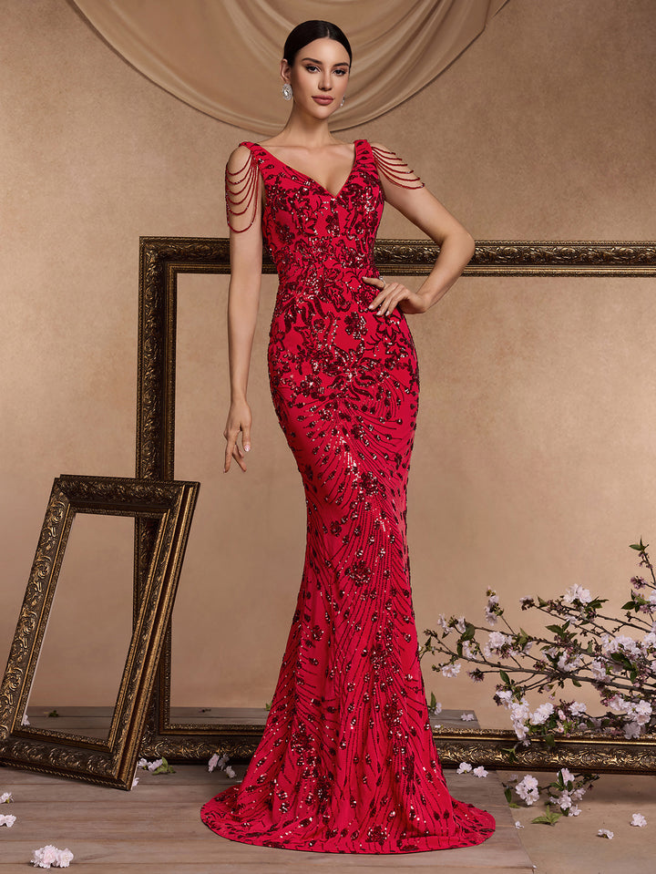 embellished V-neck mermaid gown with shoulder drape – ADELIA