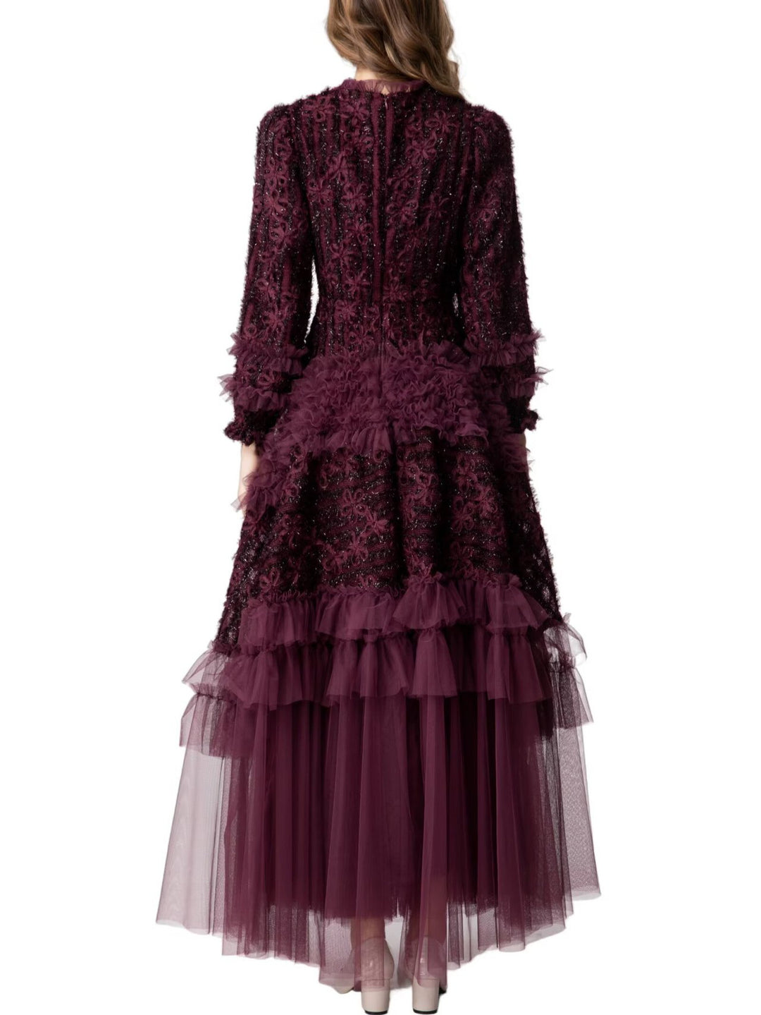 tiered tulle gown with floral lace and ruffle details – AMARANTH