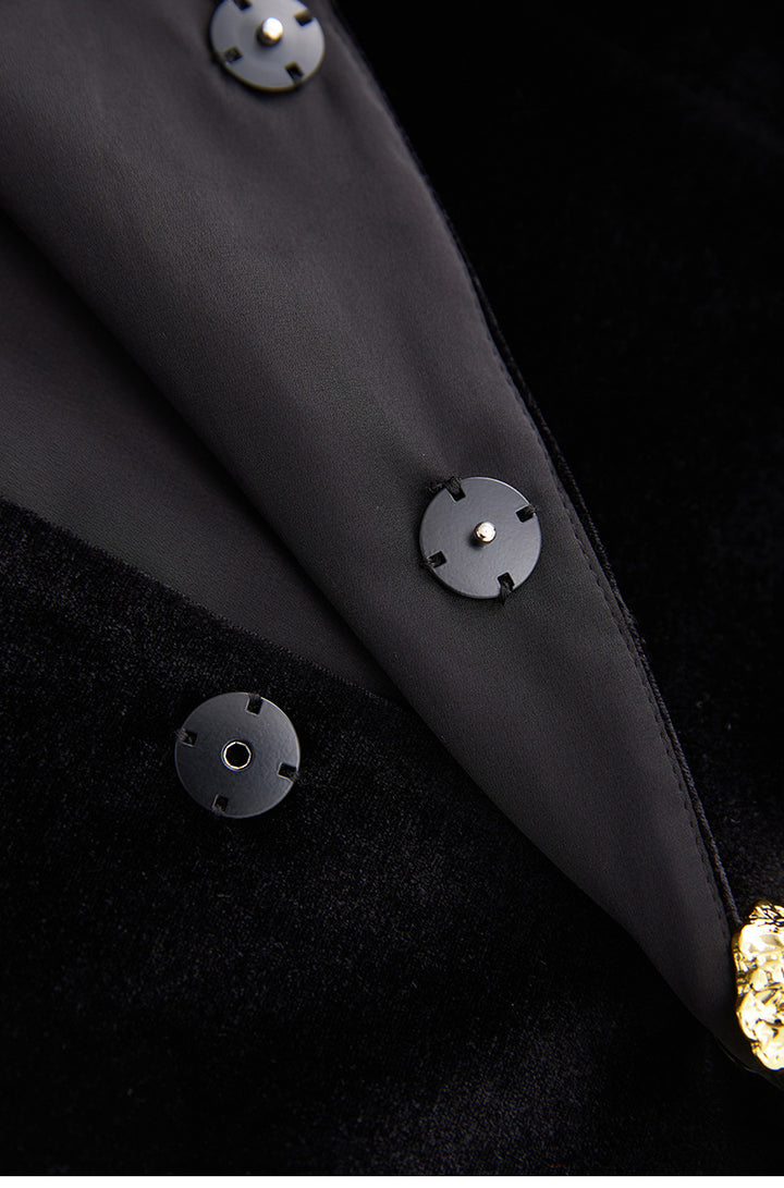 Tailored velvet blazer with gold statement buttons – OBSIDIAN