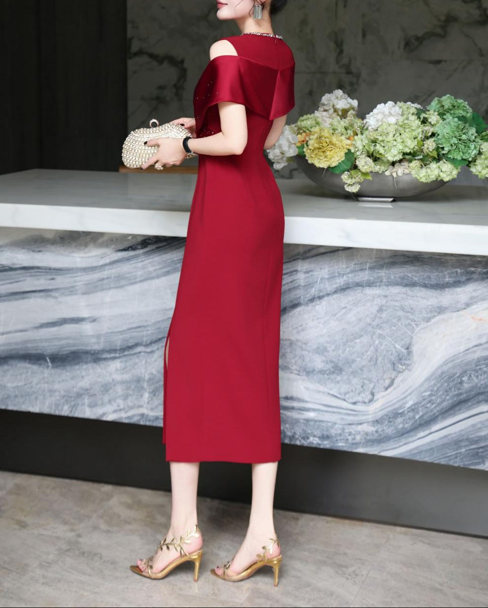 cold-shoulder column dress with satin drape – RUBINA