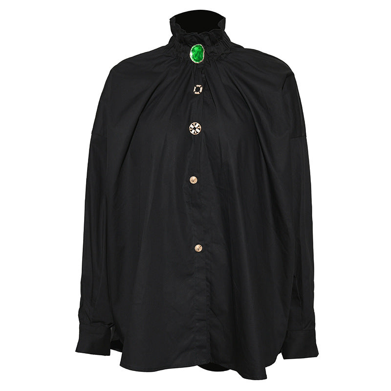High-Neck Ruffled Blouse with Jewel Button – EMERALD