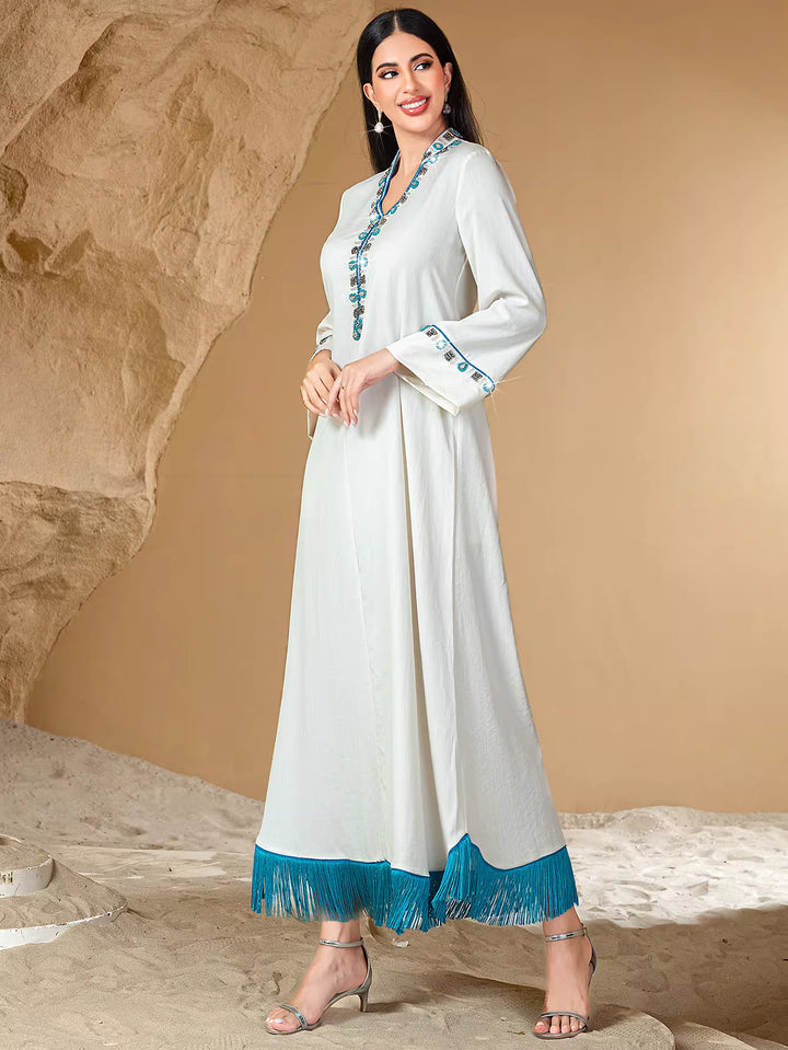 Embroidered White Maxi Dress with Fringe Hem – AZURA