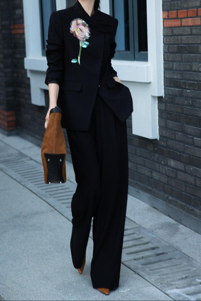 black tailored blazer with sequin floral embroidery – ARLETTE