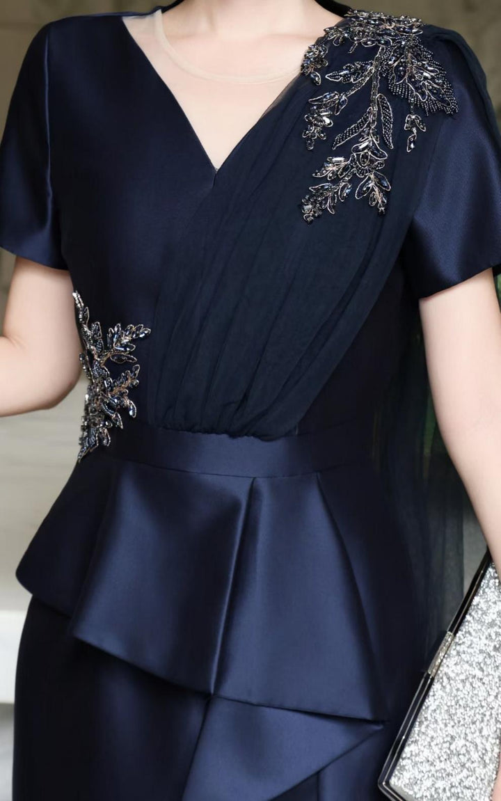 v-neck satin gown with embellished floral drape – NAVIA