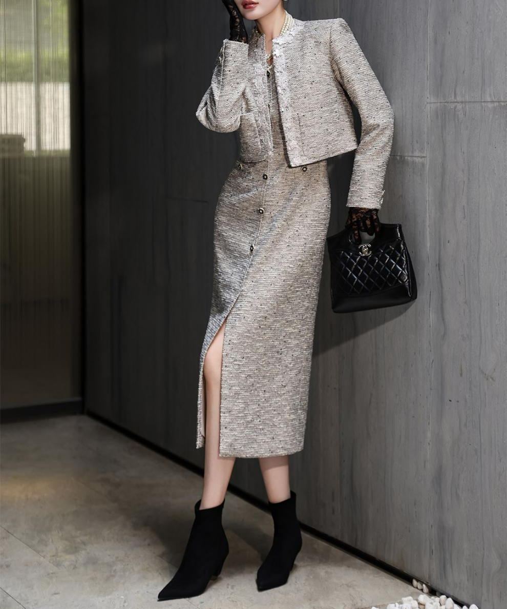 tweed midi dress with cropped jacket – ASTORIA