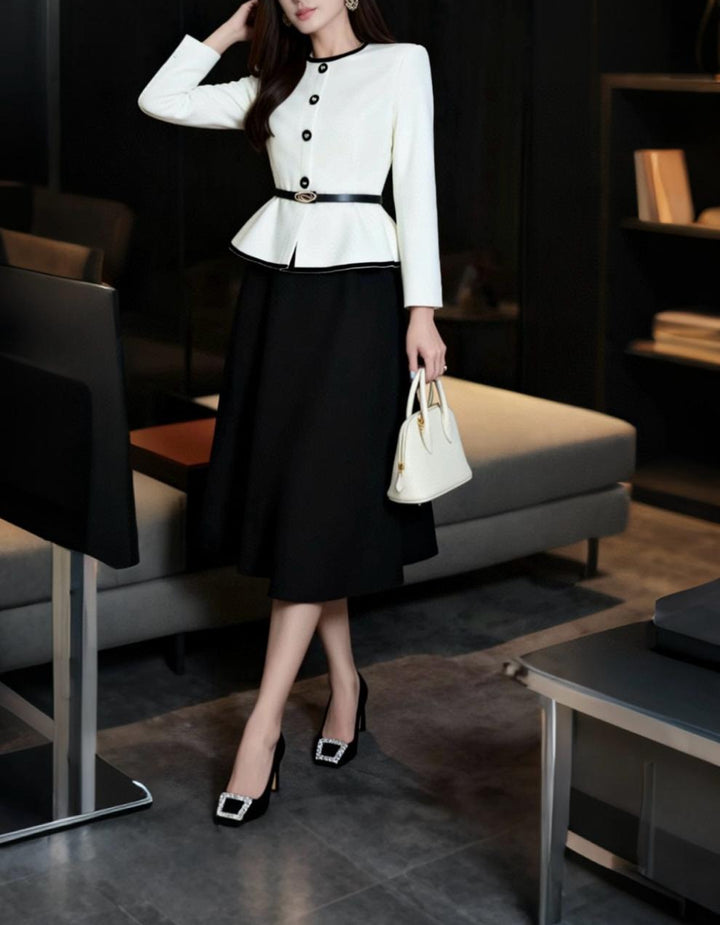 peplum jacket dress with contrast buttons – NOIR